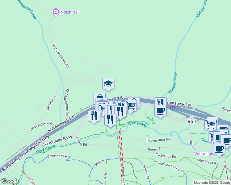 map of restaurants, bars, coffee shops, grocery stores, and more near 545 North Frontage Road West in Vail