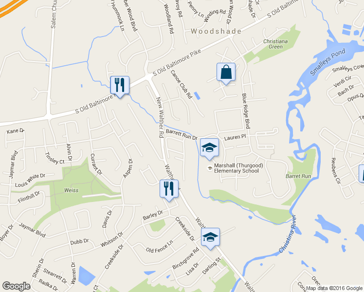 map of restaurants, bars, coffee shops, grocery stores, and more near 315 Valley Stream Drive in Newark