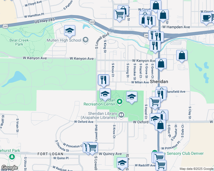 map of restaurants, bars, coffee shops, grocery stores, and more near 3866 South King Street in Denver
