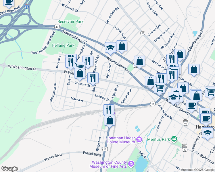 map of restaurants, bars, coffee shops, grocery stores, and more near 19 Summer Street in Hagerstown