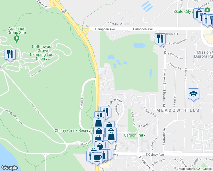 map of restaurants, bars, coffee shops, grocery stores, and more near 13732 East Lehigh Avenue in Aurora