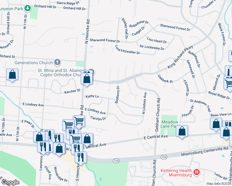 map of restaurants, bars, coffee shops, grocery stores, and more near 715 Bayberry Drive in Miamisburg