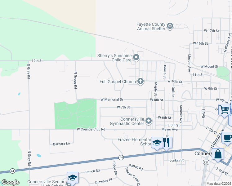 map of restaurants, bars, coffee shops, grocery stores, and more near 941 Woodland Springs Drive in Connersville