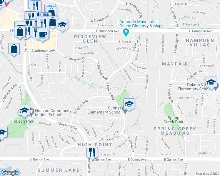 map of restaurants, bars, coffee shops, grocery stores, and more near 3824 South Genoa Circle in Aurora