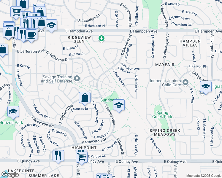 map of restaurants, bars, coffee shops, grocery stores, and more near 3800 South Genoa Circle in Aurora