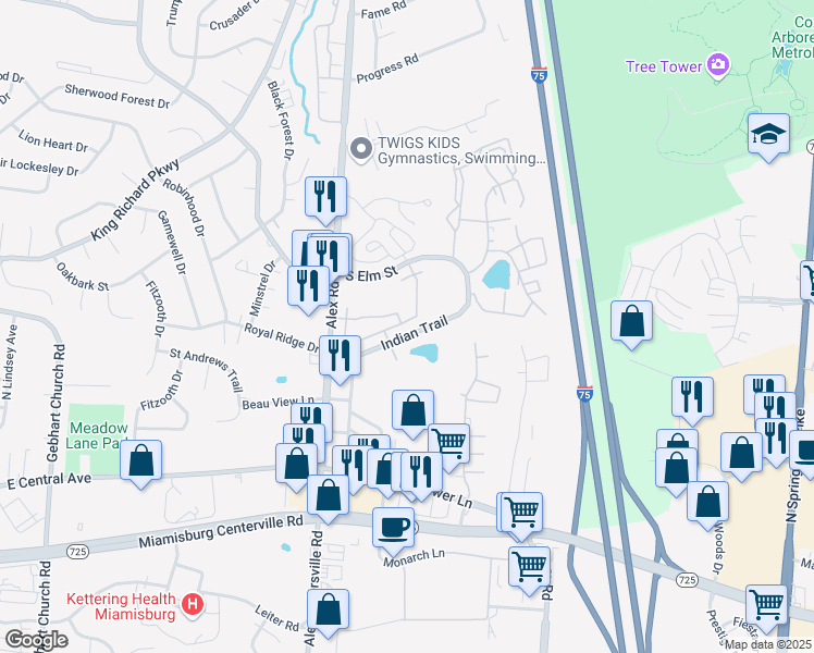 map of restaurants, bars, coffee shops, grocery stores, and more near 882 Gawain Circle in West Carrollton
