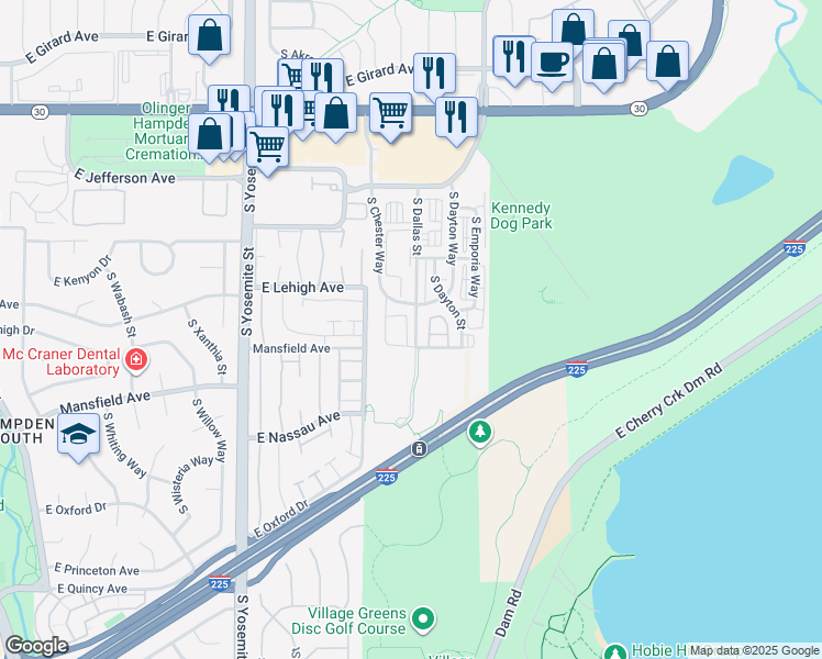 map of restaurants, bars, coffee shops, grocery stores, and more near 3873 South Dallas Street in Aurora