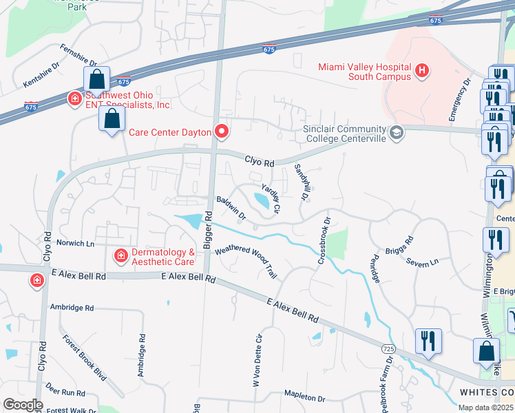 map of restaurants, bars, coffee shops, grocery stores, and more near 1762 Yardley Circle in Dayton