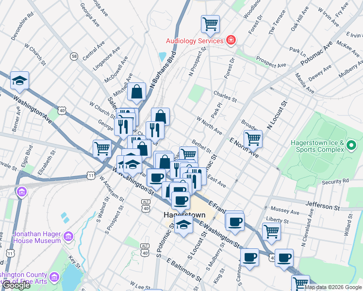 map of restaurants, bars, coffee shops, grocery stores, and more near 225 Jonathan Street in Hagerstown