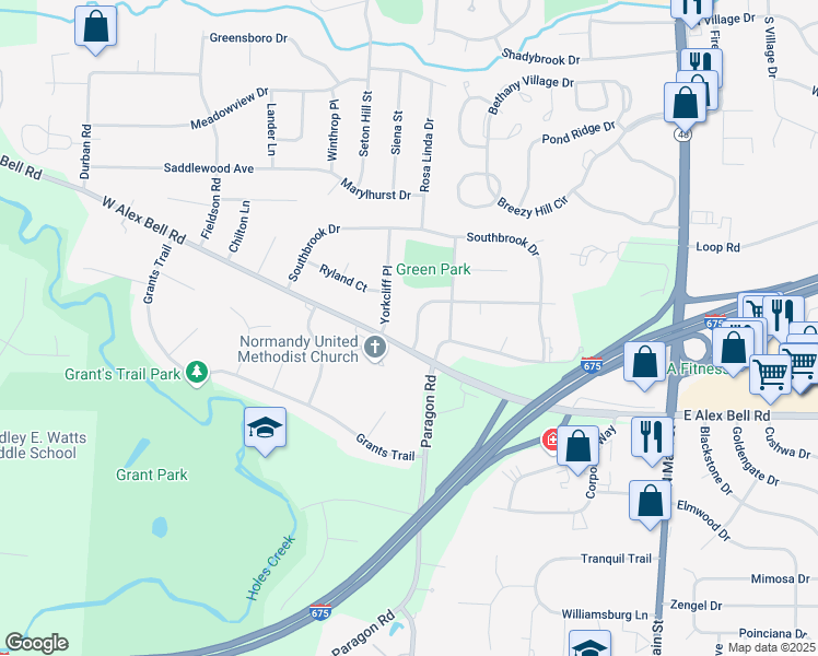 map of restaurants, bars, coffee shops, grocery stores, and more near 353 Estates Drive in Dayton
