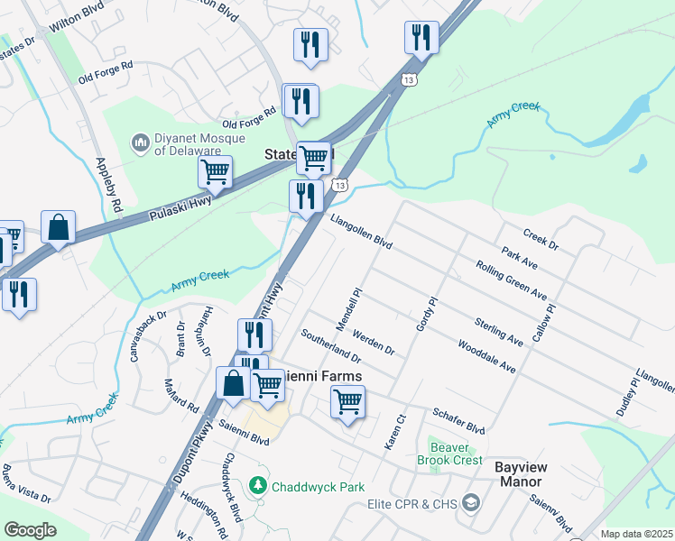 map of restaurants, bars, coffee shops, grocery stores, and more near 7 Hodgkins Pl in New Castle