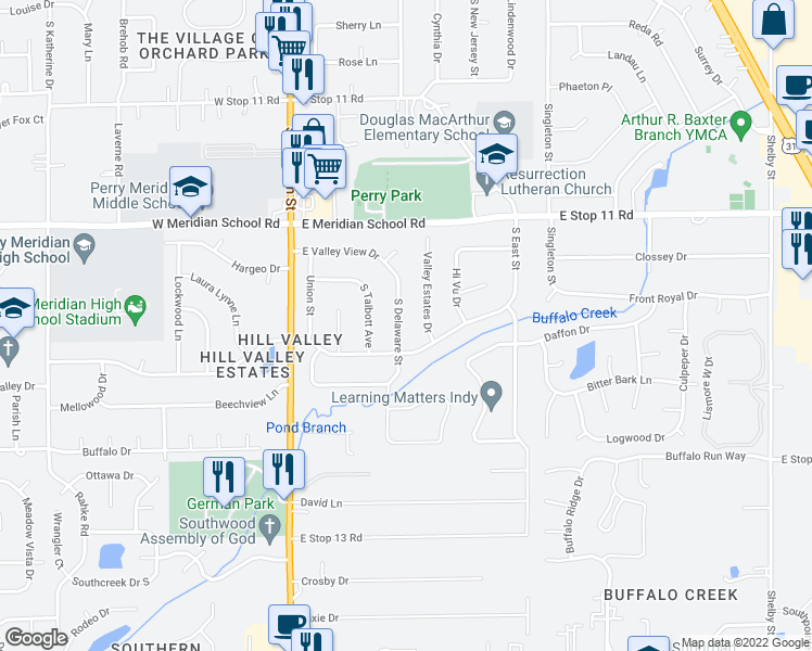 map of restaurants, bars, coffee shops, grocery stores, and more near 8211 South Delaware Street in Indianapolis