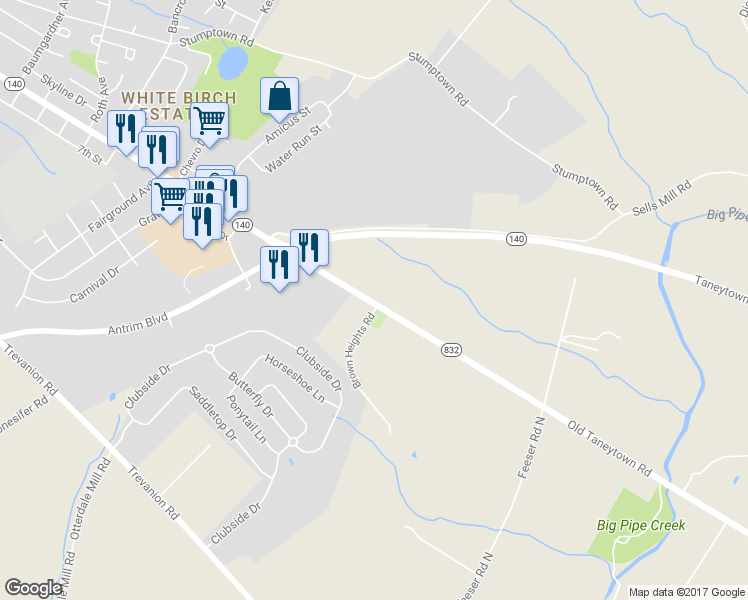 map of restaurants, bars, coffee shops, grocery stores, and more near 4302 Old Taneytown Road in Taneytown