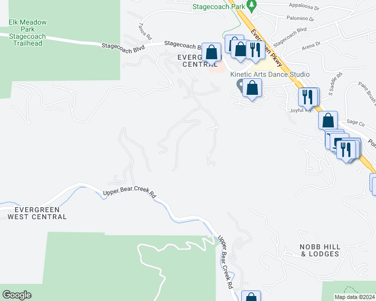 map of restaurants, bars, coffee shops, grocery stores, and more near 3816 Spring Valley Trail in Evergreen