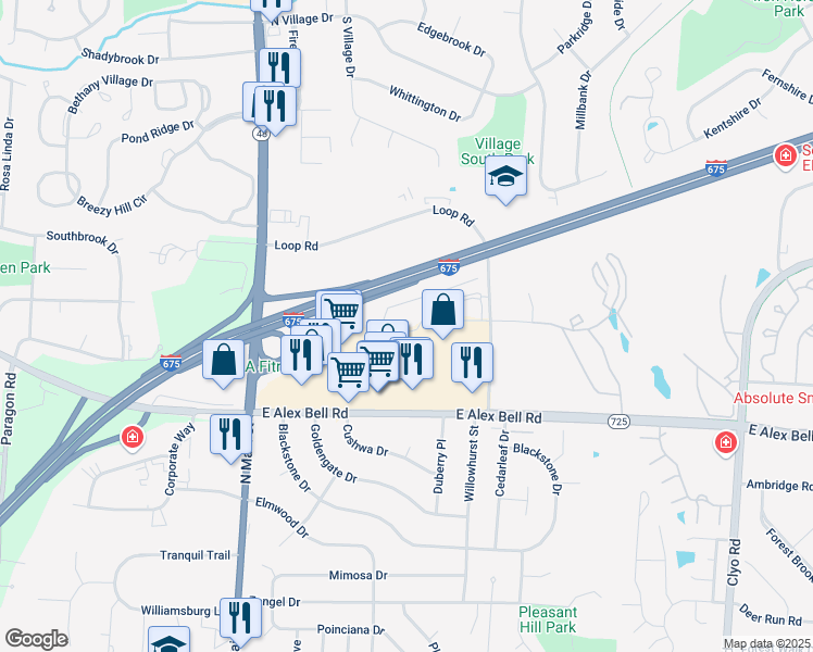 map of restaurants, bars, coffee shops, grocery stores, and more near 400 Posey Lane in Centerville