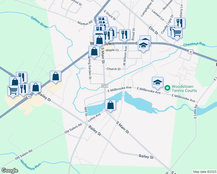map of restaurants, bars, coffee shops, grocery stores, and more near 205 South Main Street in Woodstown