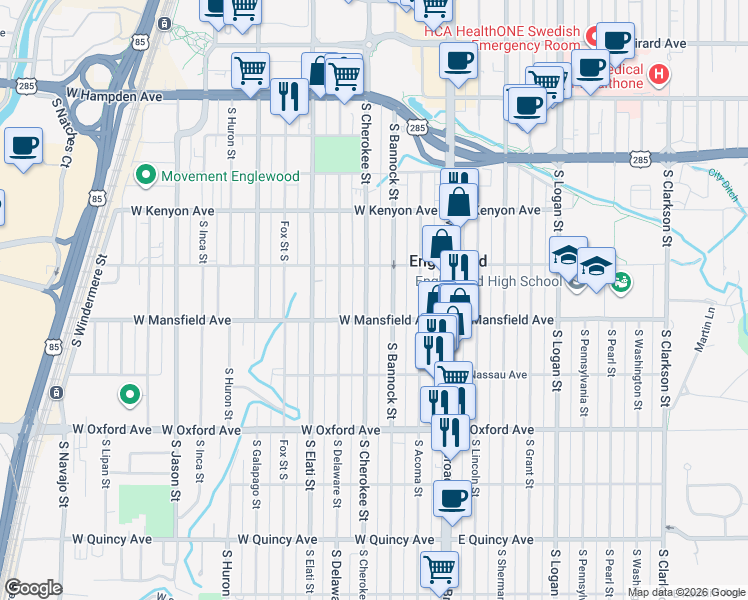 map of restaurants, bars, coffee shops, grocery stores, and more near 3860 South Cherokee Street in Englewood