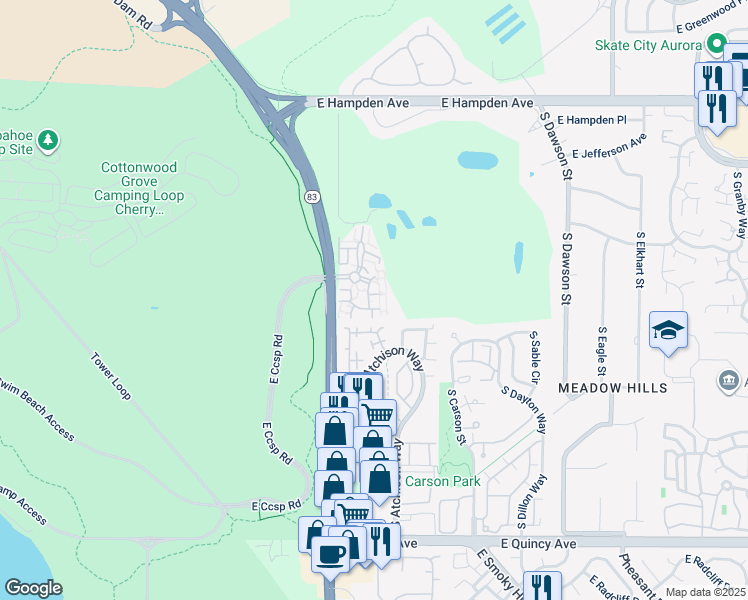 map of restaurants, bars, coffee shops, grocery stores, and more near 13732 East Lehigh Avenue in Aurora