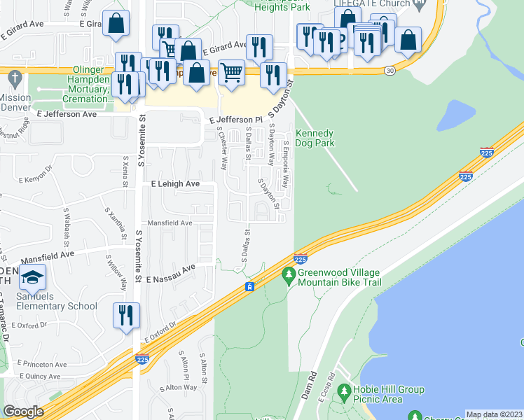 map of restaurants, bars, coffee shops, grocery stores, and more near 3865 South Dallas Circle in Aurora