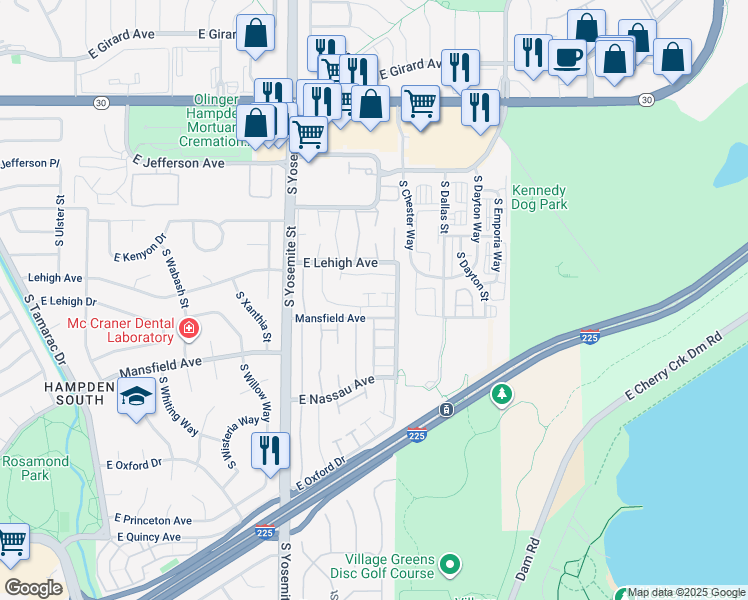 map of restaurants, bars, coffee shops, grocery stores, and more near 9139 Mansfield Avenue in Denver