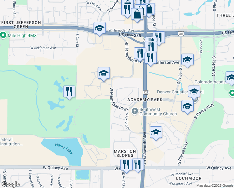 map of restaurants, bars, coffee shops, grocery stores, and more near 7875 West Mansfield Parkway in Denver