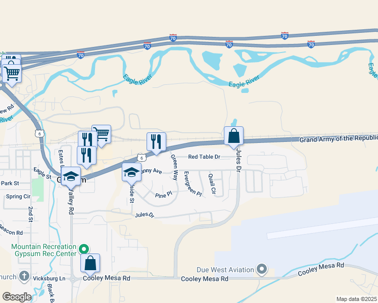 map of restaurants, bars, coffee shops, grocery stores, and more near 620 Red Table Drive in Gypsum