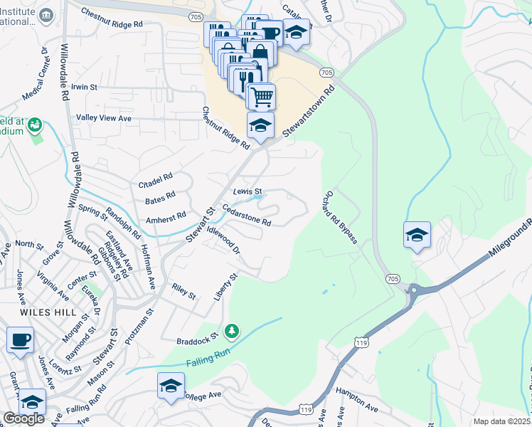 map of restaurants, bars, coffee shops, grocery stores, and more near 314 Fountain View in Morgantown
