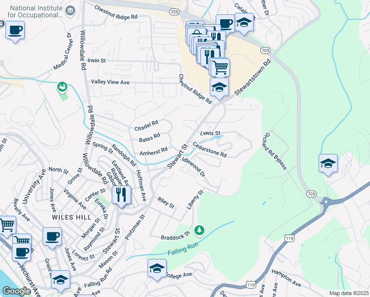 map of restaurants, bars, coffee shops, grocery stores, and more near 10 Manchester Drive in Morgantown