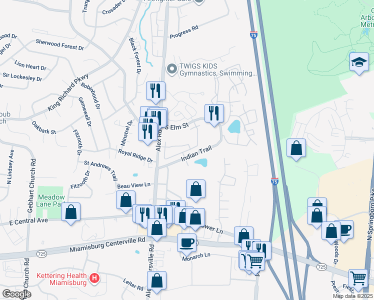 map of restaurants, bars, coffee shops, grocery stores, and more near 882 Gawain Circle in West Carrollton