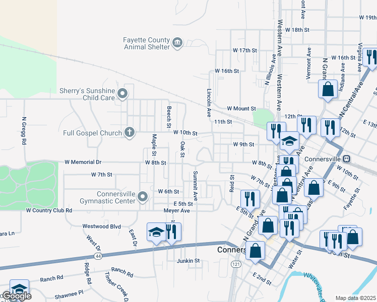 map of restaurants, bars, coffee shops, grocery stores, and more near 817 Lincoln Avenue in Connersville