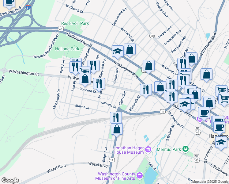 map of restaurants, bars, coffee shops, grocery stores, and more near 17 Summer Street in Hagerstown