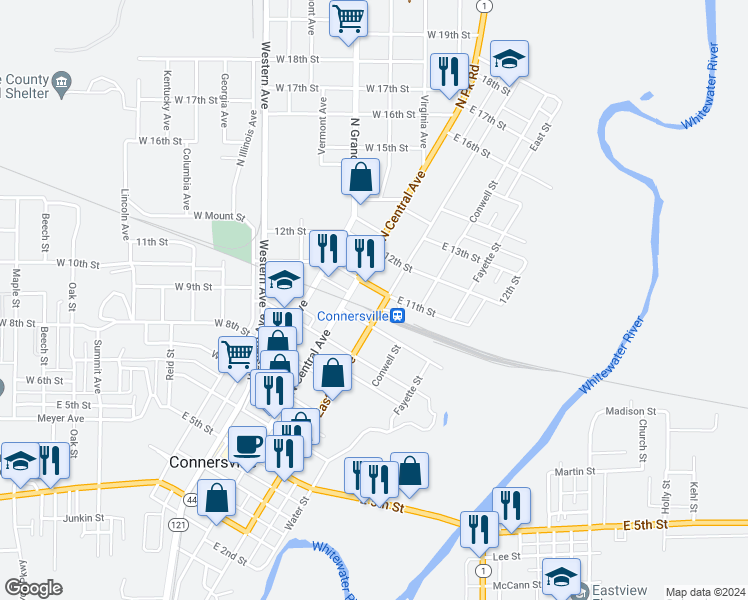 map of restaurants, bars, coffee shops, grocery stores, and more near 1027 North Eastern Avenue in Connersville
