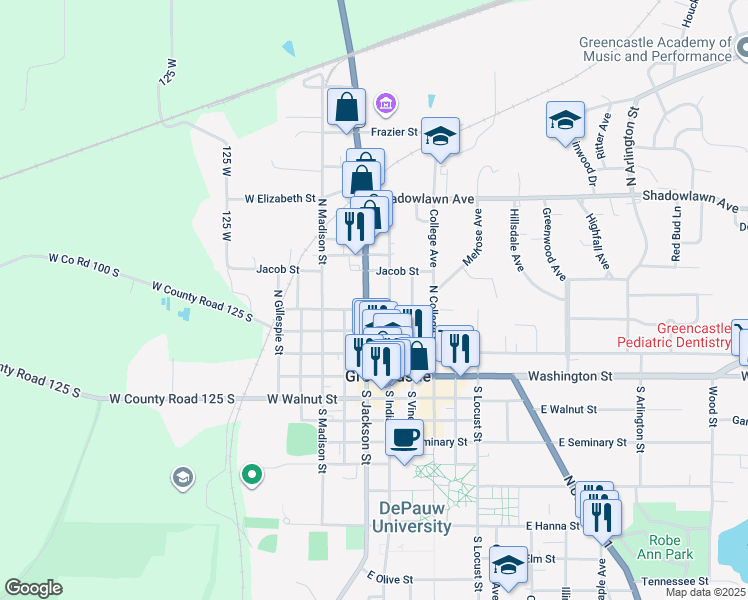 map of restaurants, bars, coffee shops, grocery stores, and more near 305 North Jackson Street in Greencastle