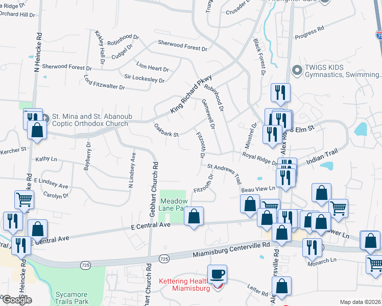 map of restaurants, bars, coffee shops, grocery stores, and more near 503 Queen Eleanor Court in Miamisburg