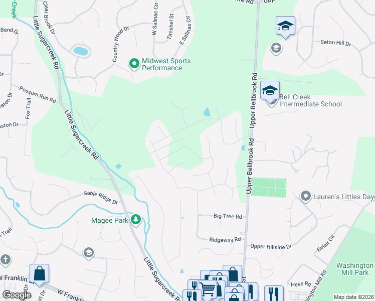 map of restaurants, bars, coffee shops, grocery stores, and more near 3820 Upper Bellbrook Road in Bellbrook