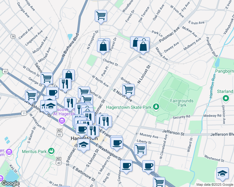 map of restaurants, bars, coffee shops, grocery stores, and more near 25 East North Avenue in Hagerstown