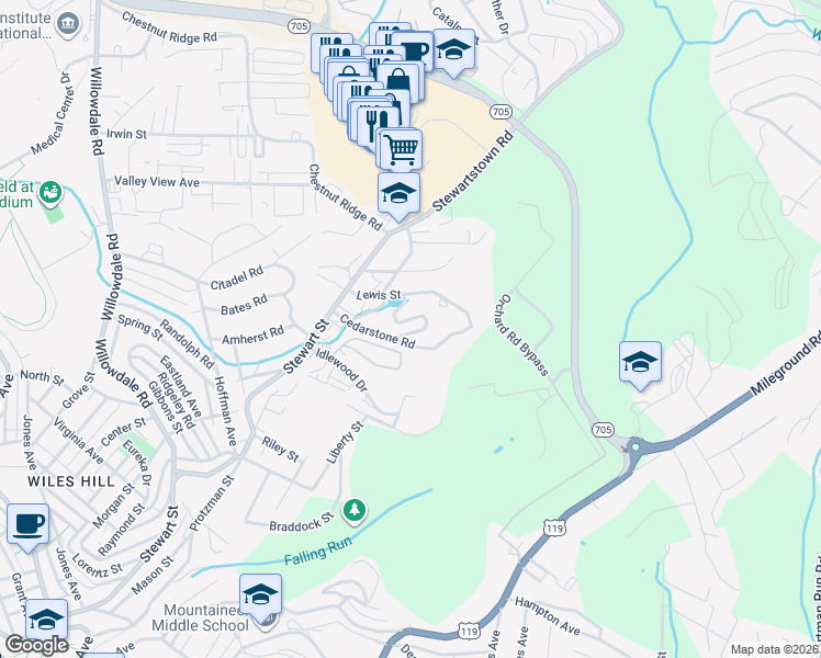 map of restaurants, bars, coffee shops, grocery stores, and more near 314 Fountain View in Morgantown