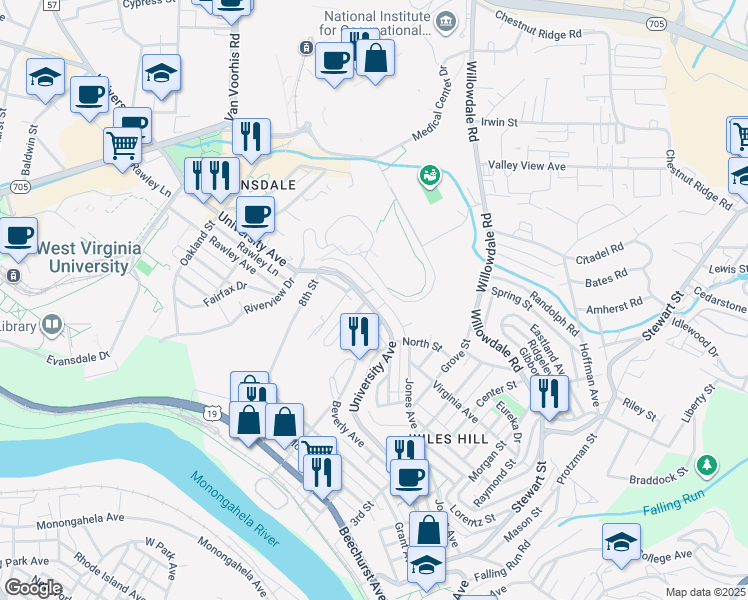 map of restaurants, bars, coffee shops, grocery stores, and more near 2700 University Avenue in Morgantown