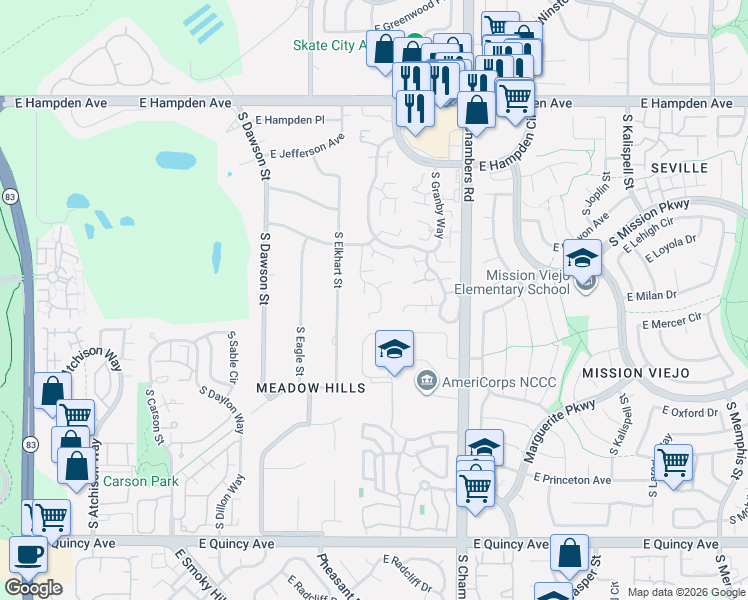 map of restaurants, bars, coffee shops, grocery stores, and more near 3851 South Evanston Street in Aurora