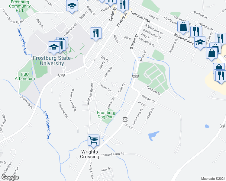 map of restaurants, bars, coffee shops, grocery stores, and more near 159 Warns Lane in Frostburg
