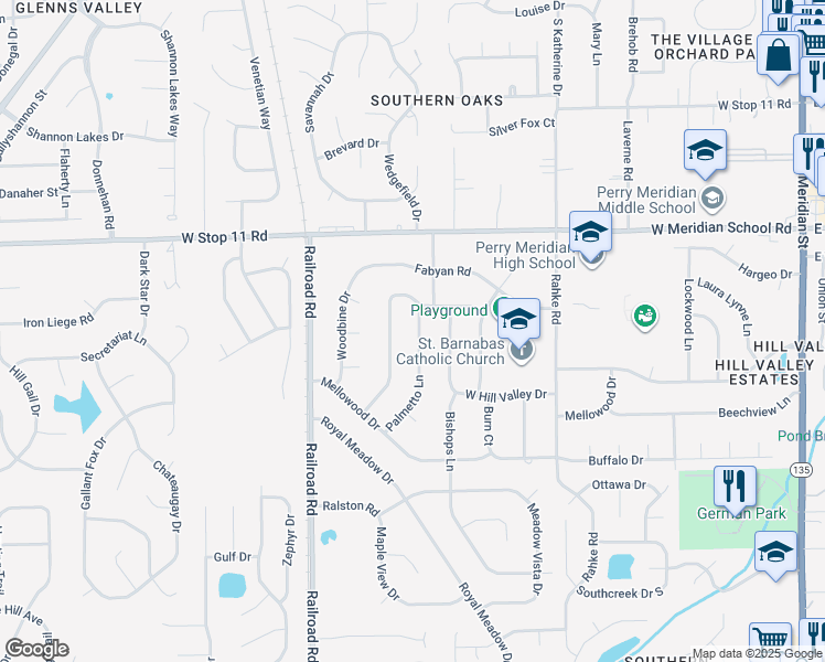 map of restaurants, bars, coffee shops, grocery stores, and more near 8202 Palmetto Lane in Indianapolis