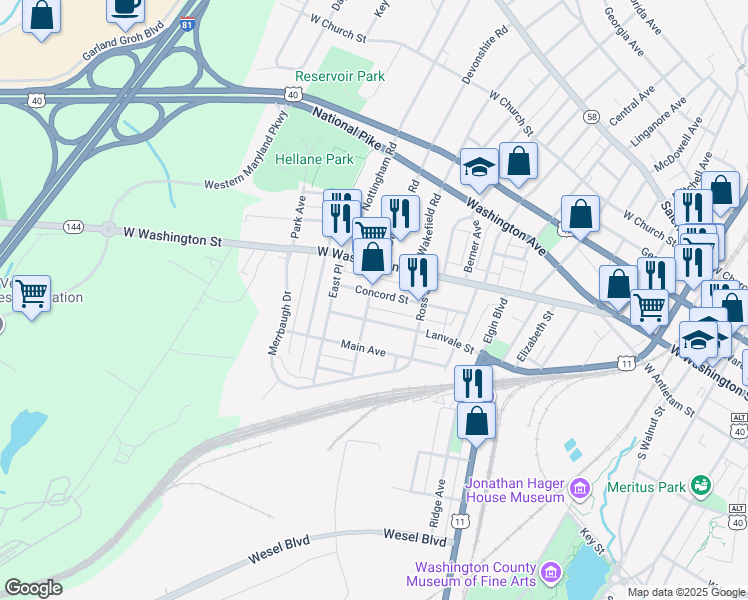 map of restaurants, bars, coffee shops, grocery stores, and more near 106 Buena Vista Avenue in Hagerstown