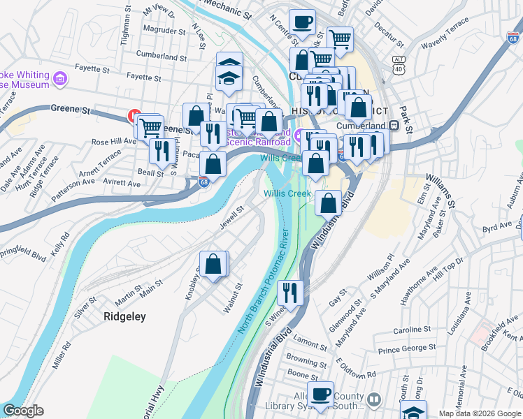 map of restaurants, bars, coffee shops, grocery stores, and more near 31 Potomac Street in Ridgeley