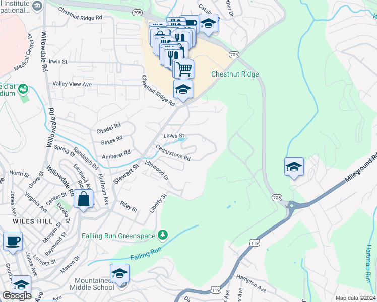 map of restaurants, bars, coffee shops, grocery stores, and more near 314 Fountain View in Morgantown