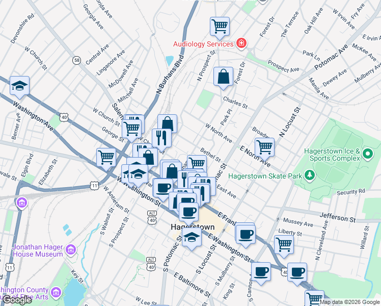 map of restaurants, bars, coffee shops, grocery stores, and more near 229 Jonathan Street in Hagerstown