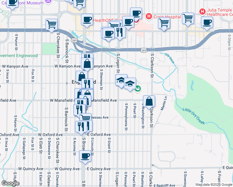 map of restaurants, bars, coffee shops, grocery stores, and more near 3859 South Logan Street in Englewood