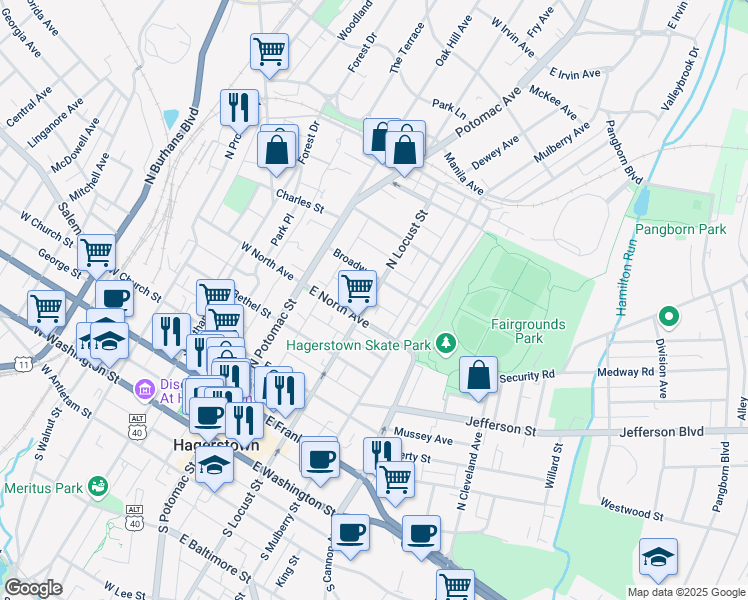 map of restaurants, bars, coffee shops, grocery stores, and more near 424 North Locust Street in Hagerstown