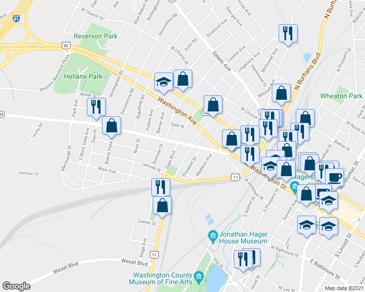 map of restaurants, bars, coffee shops, grocery stores, and more near 713 West Washington Street in Hagerstown