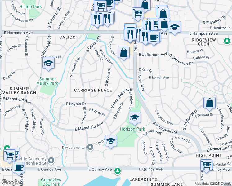 map of restaurants, bars, coffee shops, grocery stores, and more near 3736 South Walden Way in Aurora