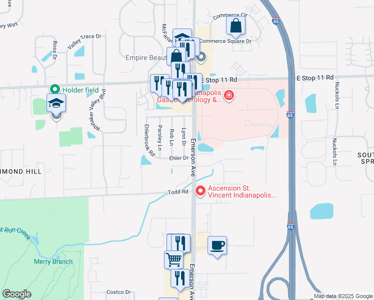 map of restaurants, bars, coffee shops, grocery stores, and more near 8305 Lynn Drive in Indianapolis